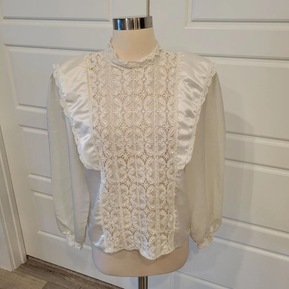 SAN ANDRE VINTAGE 80S VICTORIAN CREAM BLOUSE NEO EDWARDIAN LACY BLOUSE Size 10 - Picture 3 of 15